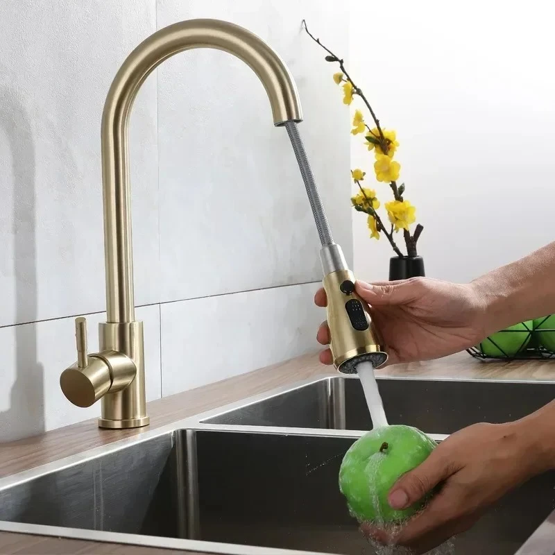 Bathroom Mixer Tap Pull Out Kitchen Faucets Stainless Steel Hot and Cold Water Tap Deck Mounted Single Handle Sprayer Faucet