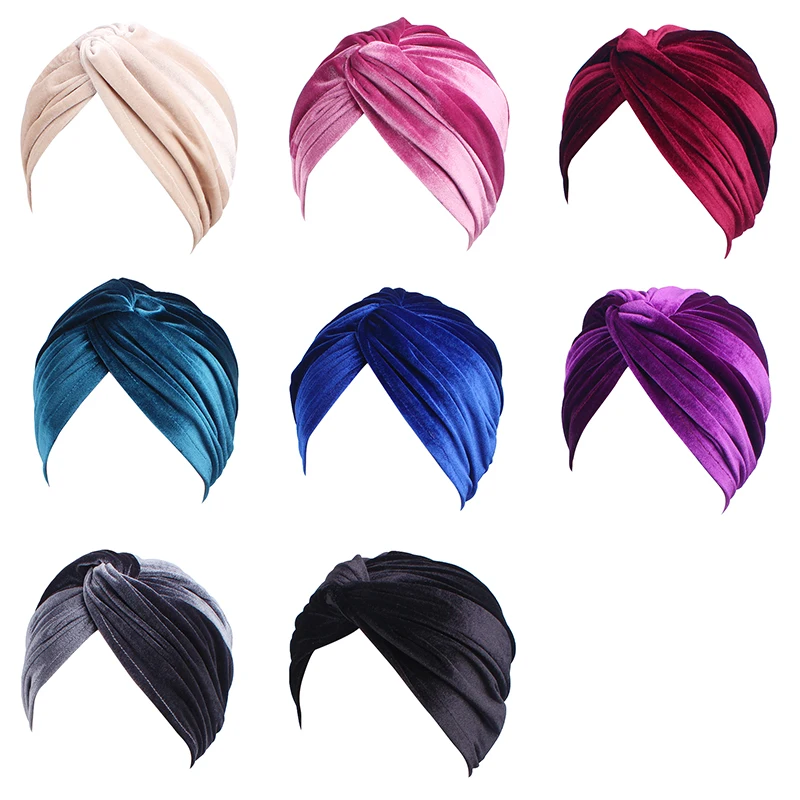 New Muslim Women Velvet Turban Hat Soft Stretch Cross Twist Cap Bandana Headband Chemo Beanie Cap Scarf Islamic Head Wrap