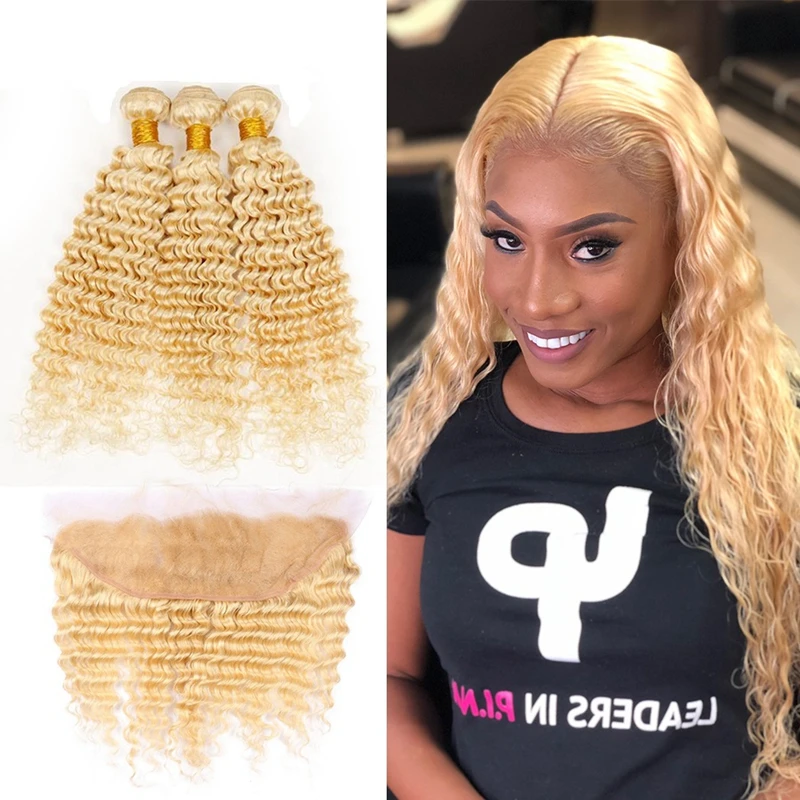 Elfriede #613 Blonde Deep Wave Bundles with Frontal Brazilian Remy 100% Human Hair Weaves 3 Bundles with Lace Frontal 13x4