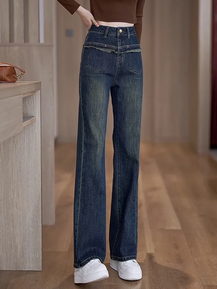 

High Waist Straight Leg Wide Leg Jeans Women's Spring Autumn Slimming Casual Long Pants Retro Loose Fit Denim Trousers