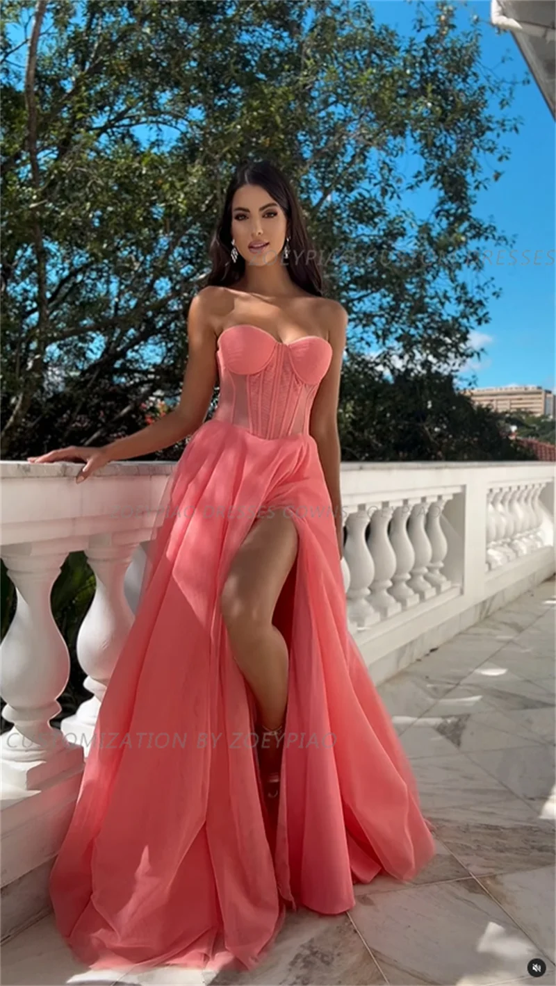 Nu rosa feminino Tule Vestido formal, Sem mangas, Fenda alta, Querida, Elegante, Luxo, Vestidos de formatura, Festa de noite, Celebridade, 2024