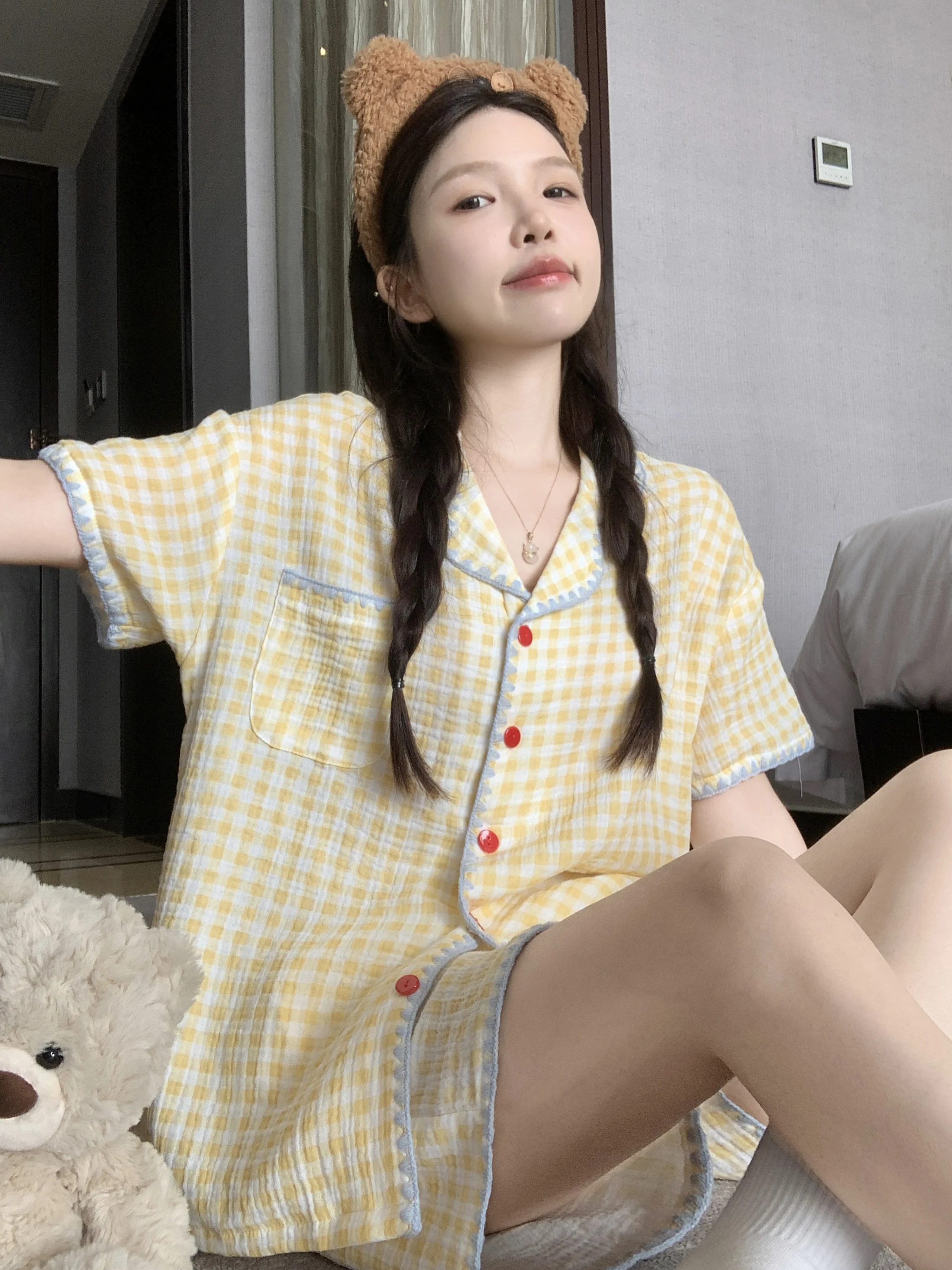 

Летний хлопковый милый милый пижамы, женский комплект домашней одежды ort Sve, домашняя одежда в клетку из чистого хлопка, молодежные брюки