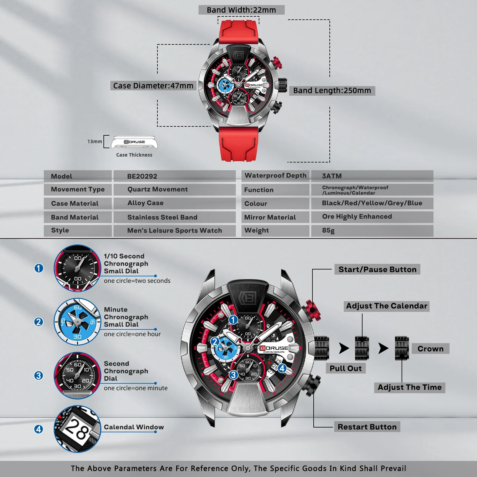 BORUSE Watches for Men Red Waterproof Chronograph Watch Mens Business Wristwatch Calendar Clock Relogio Masculino view 5