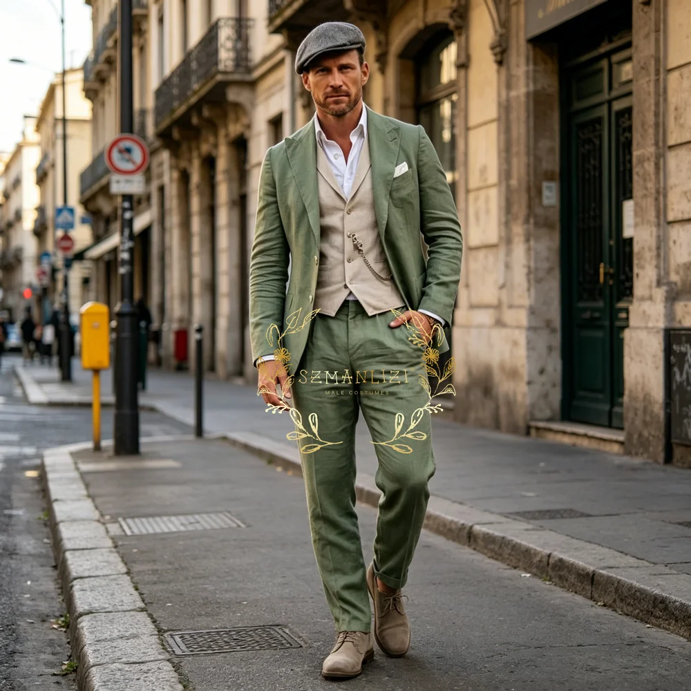

2026 Men's Linen Suit 3 Pieces Jacket Vest Pant Set Peaked Lapel Casual Slim Formal Wedding Groom Tuxedos Office Male Outfit