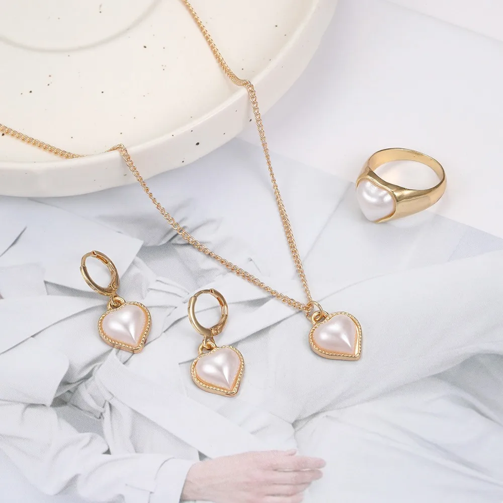 Conjunto de 3 piezas de joyería de perlas para mujer, juego de pendientes de aro de amor de oro/plata popular, COLLAR COLGANTE