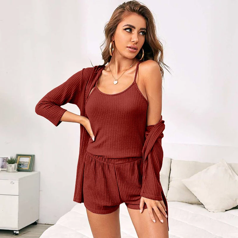 Three-piece Home Wear Set For Women, Waffle Knitted Suspenders, U-neck Top, Trousers, Robe, Pajamas, Three-piece Set