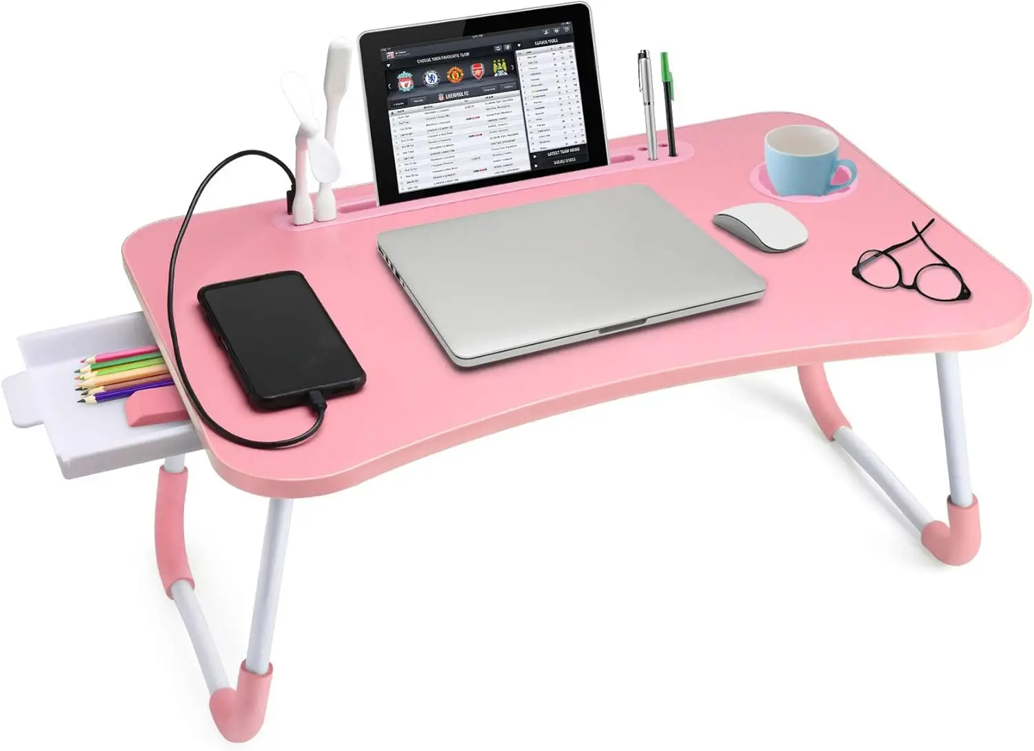 

Foldable Laptop Table with Storage Drawer and Cup Holder, Portable Bed Desk for Reading and Work in Pink