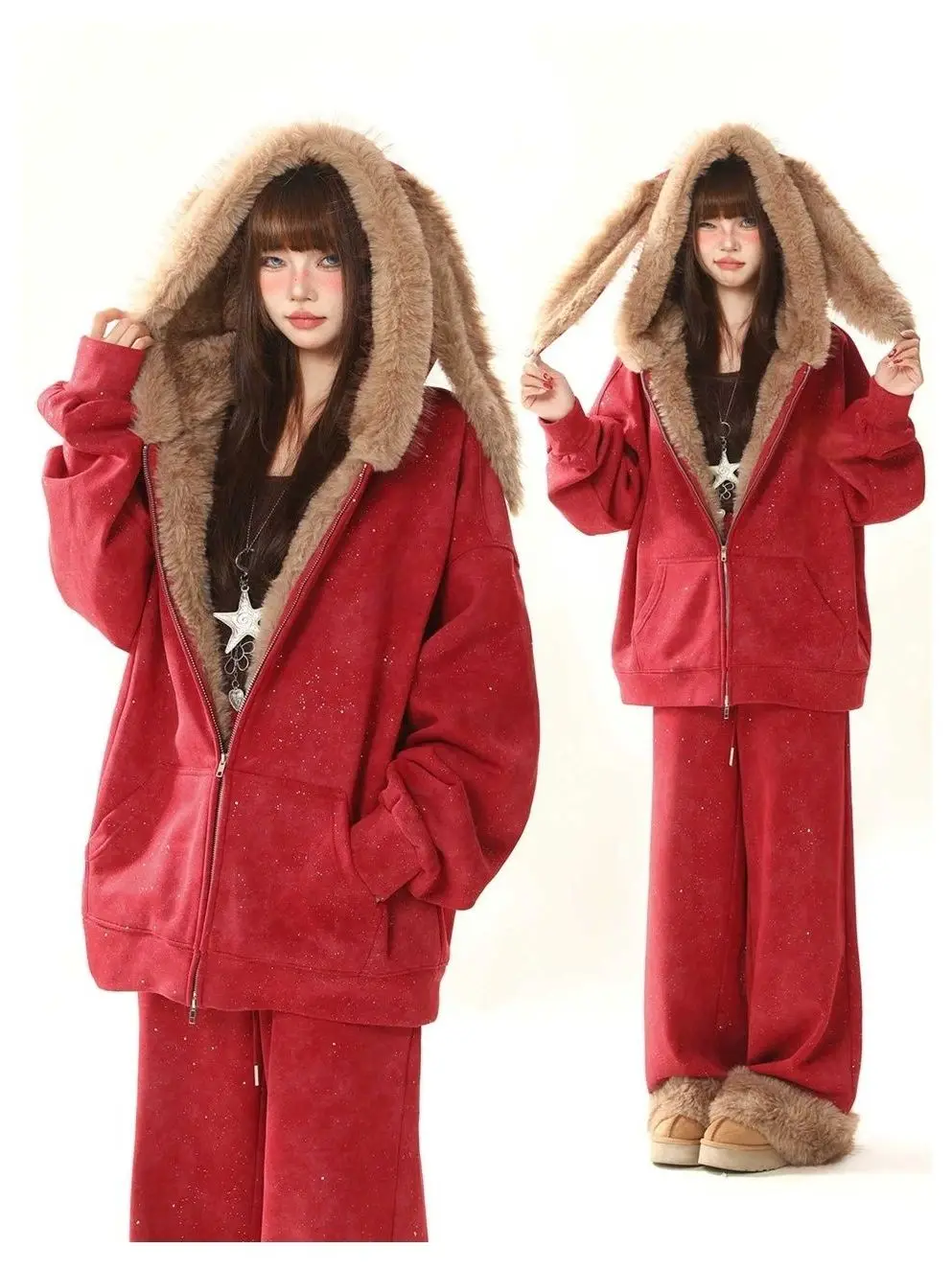 

Thickened Fleece Rabbit Ear Hoodie And Loose Leggings Casual Sportswear Set for Women Winter Outfit Two-Piece Ensemble