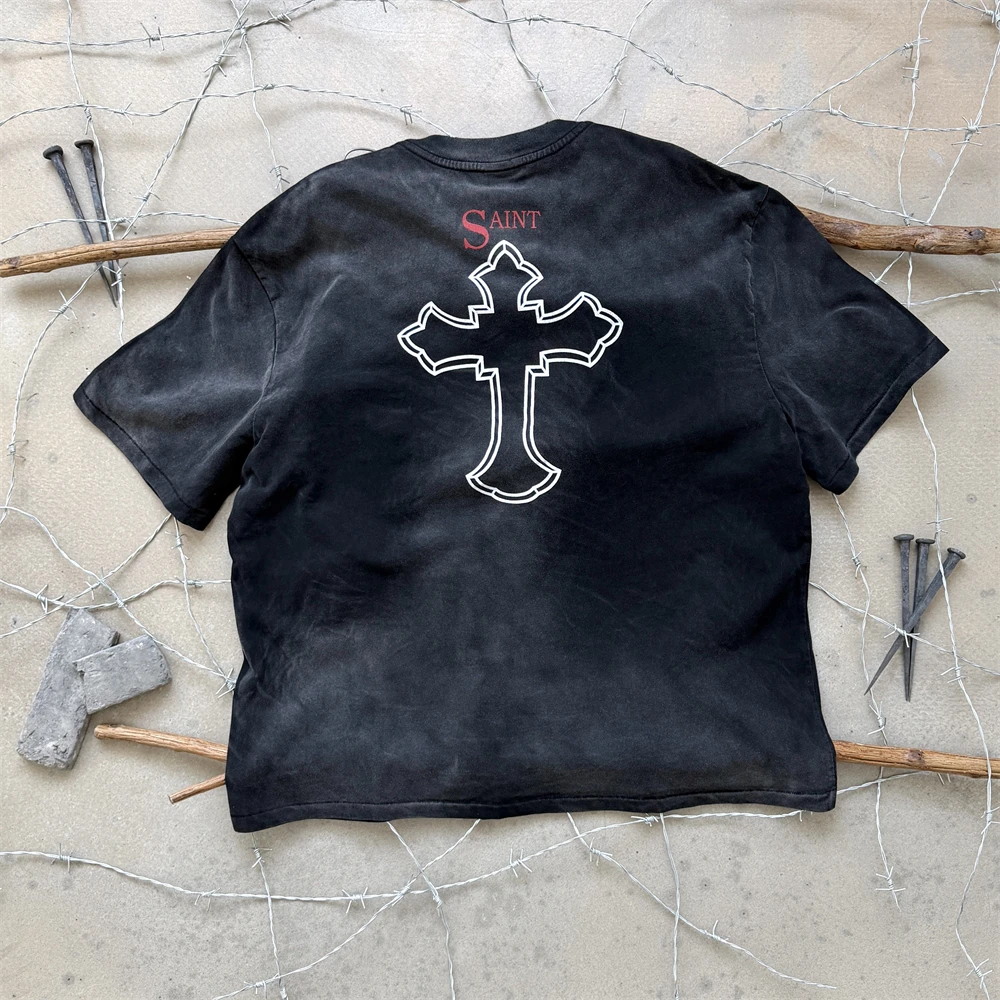 Nice Washed Hole Saint 2PAC Cross Relief T-Shirt Men Women High Quality Summer Style Short Sleeved Top T Shirt Tee Tops