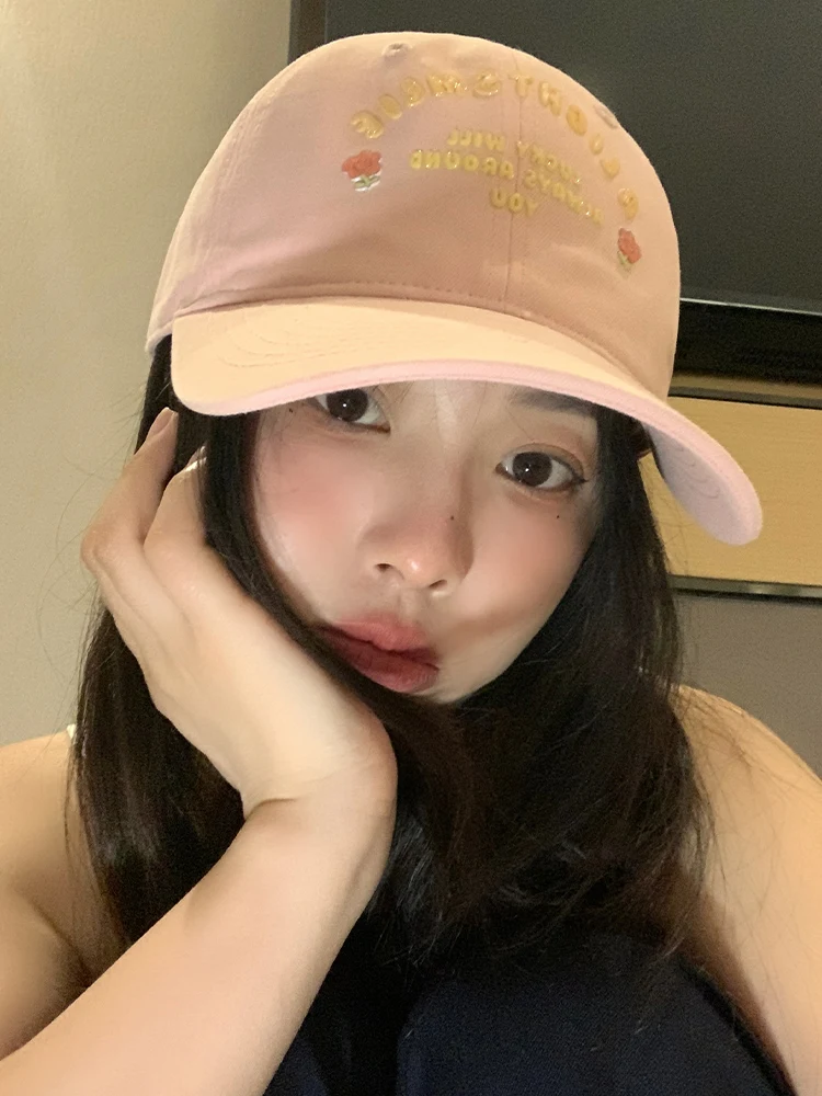 

Pink Letters Embroidered Baseball Cap for Women Spring and Summer Show Face Small Soft Top Wide Brim Peaked Cap