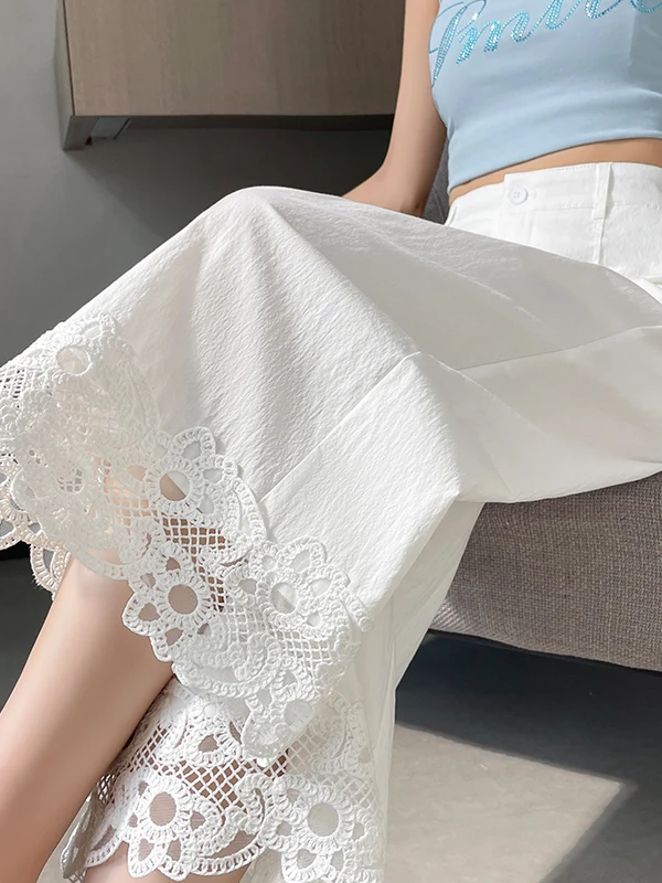 

Korean Style High Waist Lace Patchwork Color Straight Leg Wide Leg Pants Women's Summer New Casual Slimming Trousers