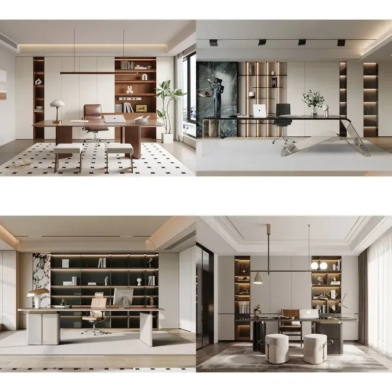 Modern white office study L-shaped solid wood bookcase bookshelf with computer desk