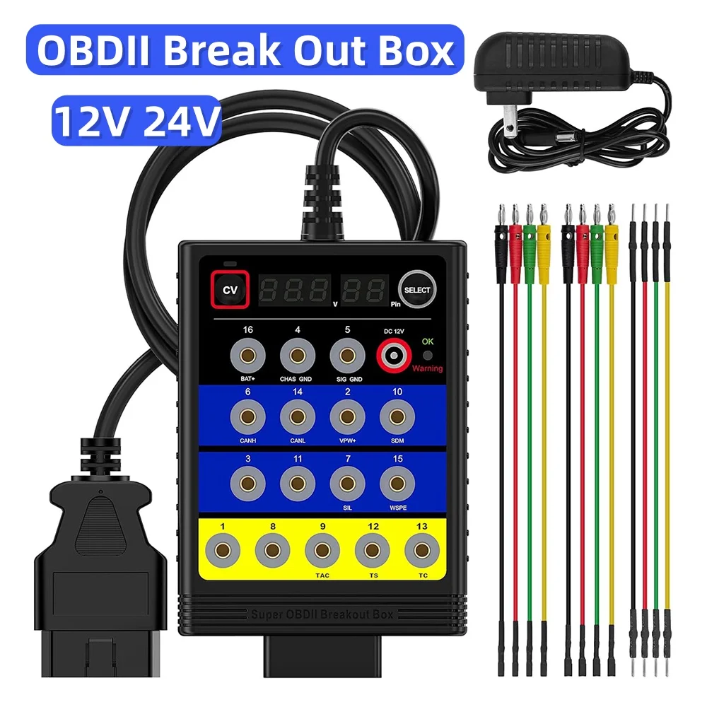 Car Break Out Box 16Pin OBDII Jumper Tester for 12V&24V Car, Car Protocol Detector with Pin out Car Obd2 Interface Monitor BX100