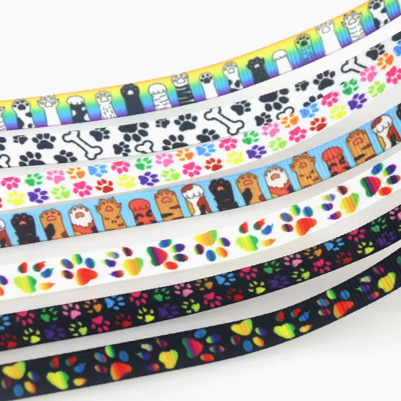 DHK 3/8inch 5yards Cat Dog Paw Printed Grosgrain Ribbon Accessories Sewing Craft Headwear Material Decoration DIY 9mm C2009