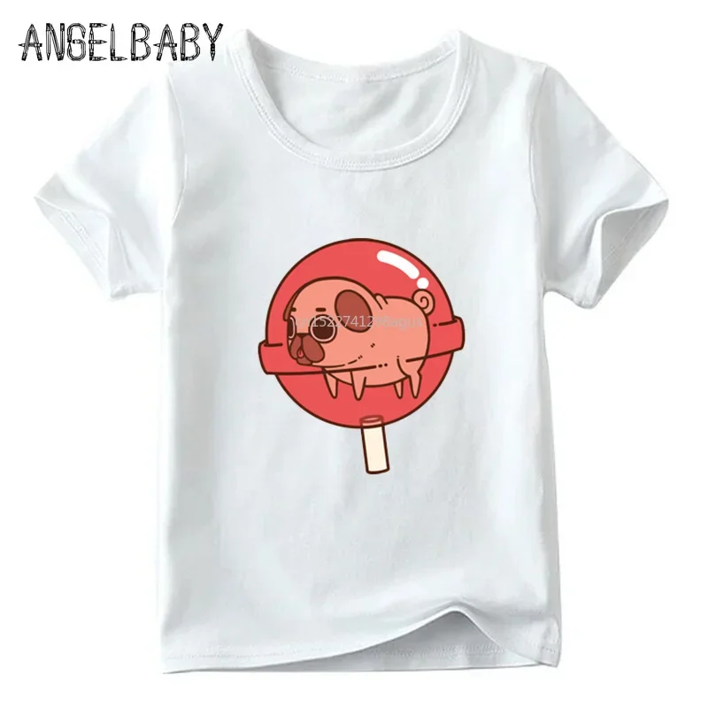 Bebê meninos e meninas dos desenhos animados pug cachorro panquecas comida impressão t camisa crianças engraçado camiseta crianças verão branco topos, ooo2161