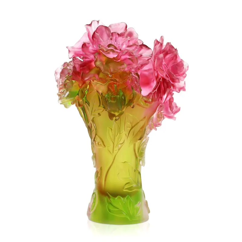 Embossed Flower Crystal Glaze Vase Colored Decorative Art Ornament for Home Living Room Table Centerpiece Gift