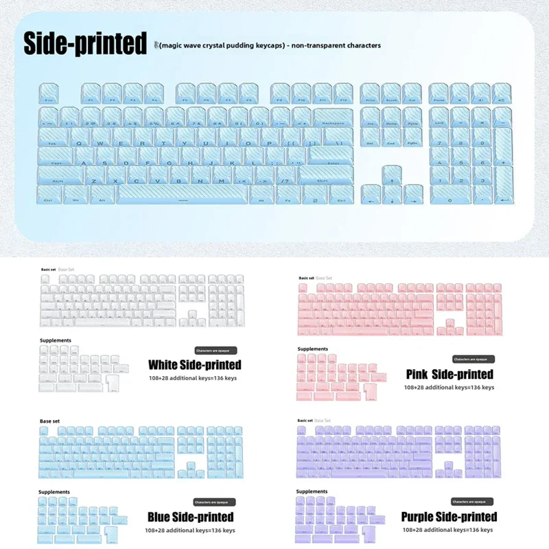 Keycaps Keyboard Mekanik Crystal Jelly dengan Cetak Samping dan Atas, Pola Aliran Lapis Ganda, Profil OEM, 136 Tombol Atas