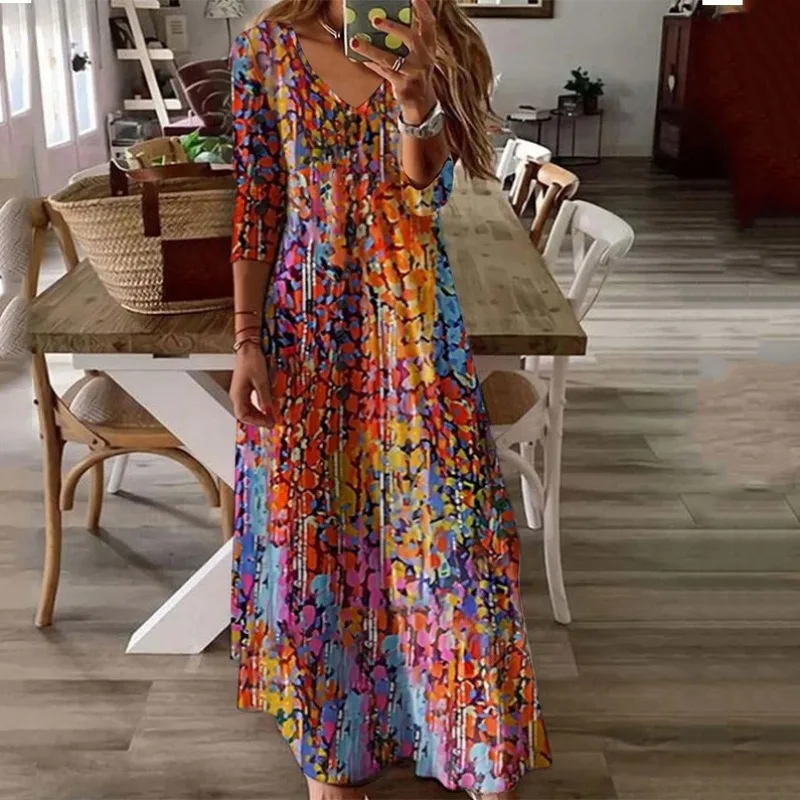 

2024 Women's Pullover Temperament Commuter Plant Flower Print Long Sleeve Women's V-neck Loose Waist Oversized Hemline Dress