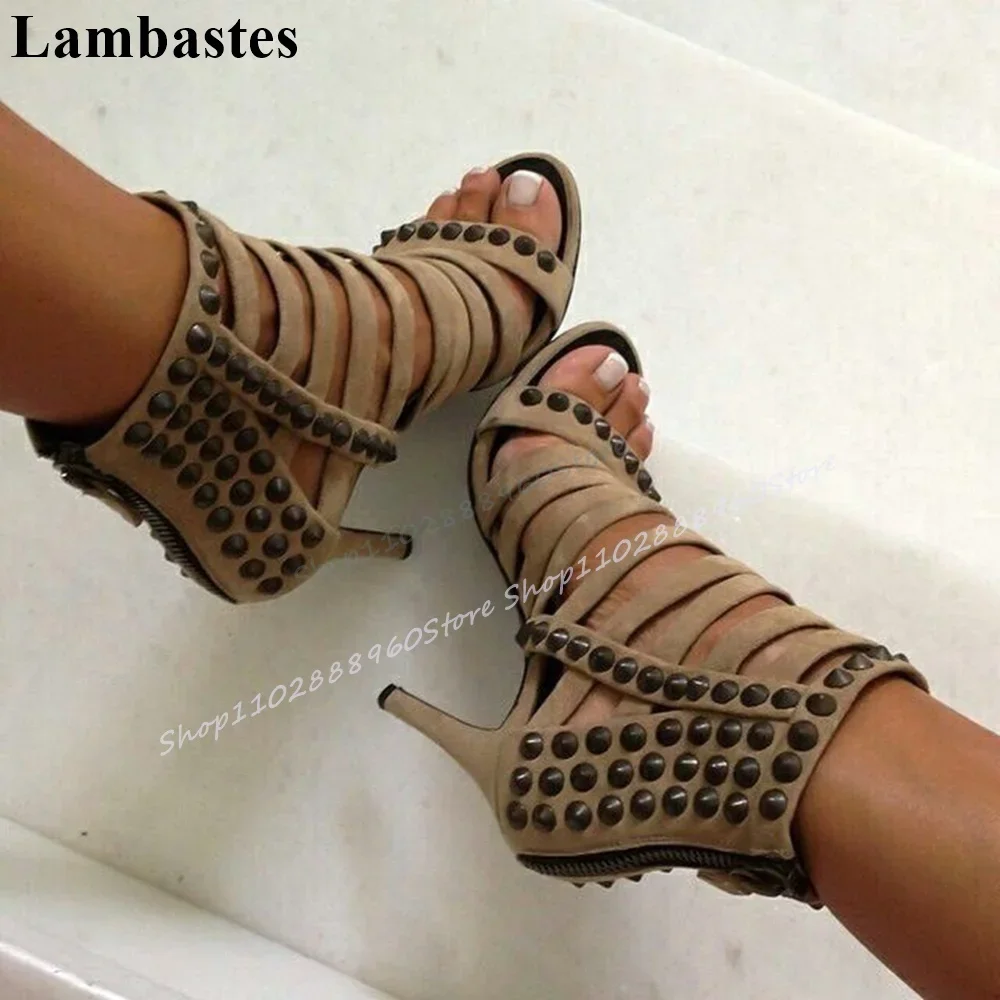 

Khaki Flock Strappy Rivet Decor Sandals Thin High Heel Shoes For Women Side Zipper Open Toe 2025 Fashionable Zapatillas Mujer