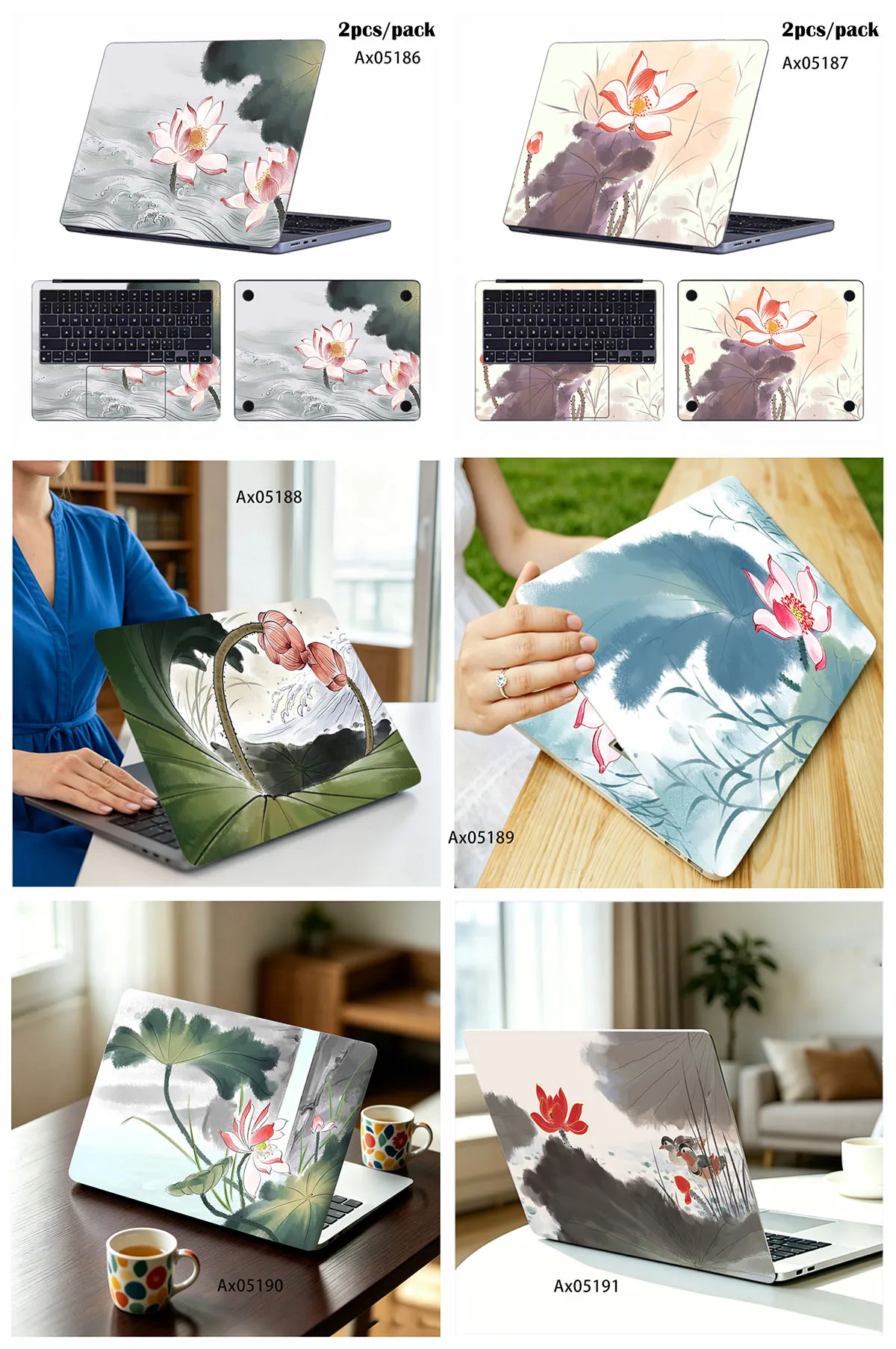 2 Pcs/Pack Traditional Chinese Ink Wash Pink Red Lotus Pond Anti Scratch Protective Laptop Skin Sticker Universal Laptops Size