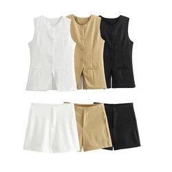 YUEYANG Women Fashion 2 Piece Set Solid Single Breasted O-Neck Vest & Vintage High Waist Shorts Female Chic Lady Shorts Set