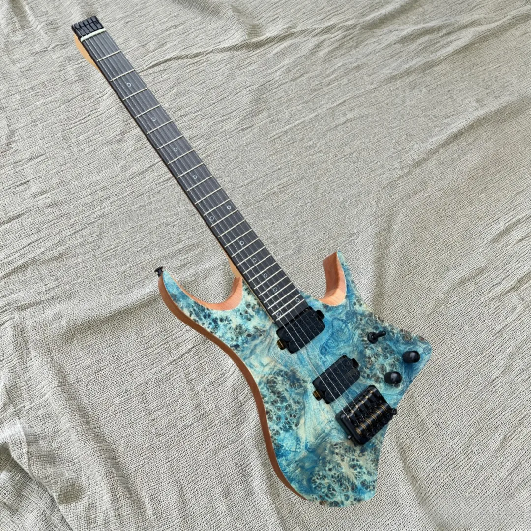 6 String Headless Electric Guitar, Blue Burled Wood Top, Neck-Thru Maple Striped Neck, Dual High Output Humbucker Pickups