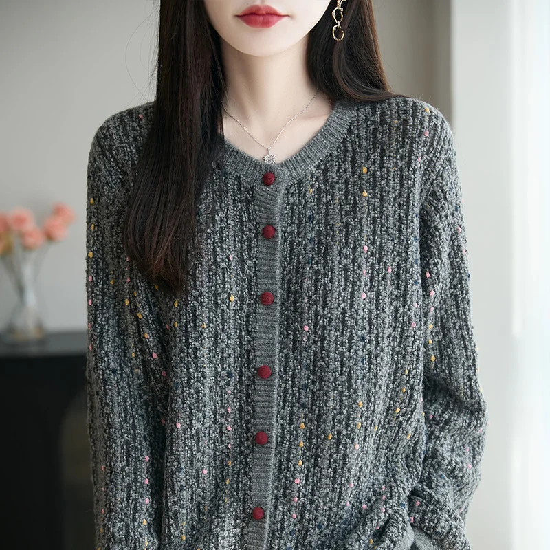 

Spring and Autumn New Wool Cardigan Women's Round Necklace Yarn Sweater Loose Coat Knitted Small Outside