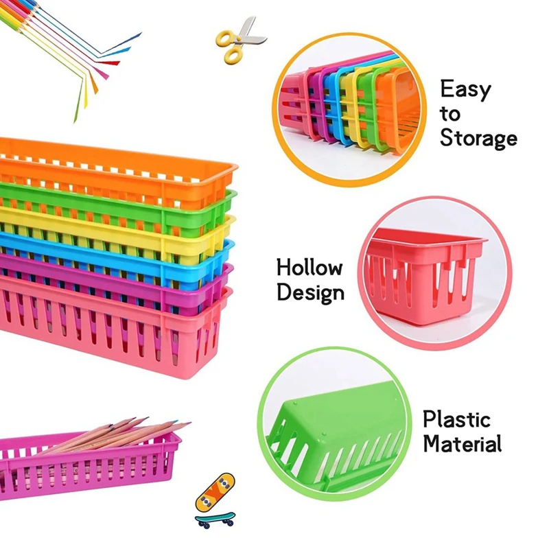 12 Pack Pencil Organizer Basket Trays, Rainbow Colors Desk Storage For Kids, Classroom Supply Holders For School