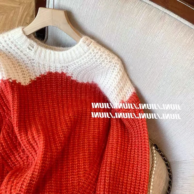 Pulôver de malha vermelha de retalhos feminino camisola harajuku y2k coreano mangas compridas o pescoço blusas grandes vintage 2000s roupas 2025