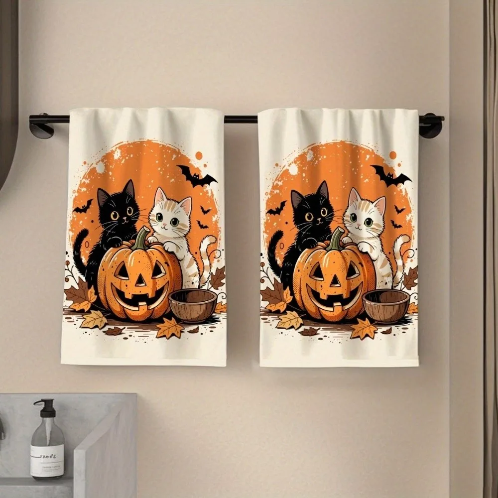 2 pcs Halloween Decor Ghost Halloween Dish Towels Cat Pumpkin Kitchen Towel Funny Strong Absorbent Hand Towel New Home Gift