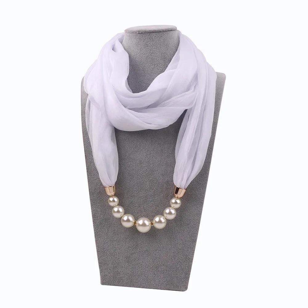 

Fashion Pearl Bead Chain Necklace Scarf Windproof Sun Protection Pendant Scarf Chiffon Material Shawl Beach