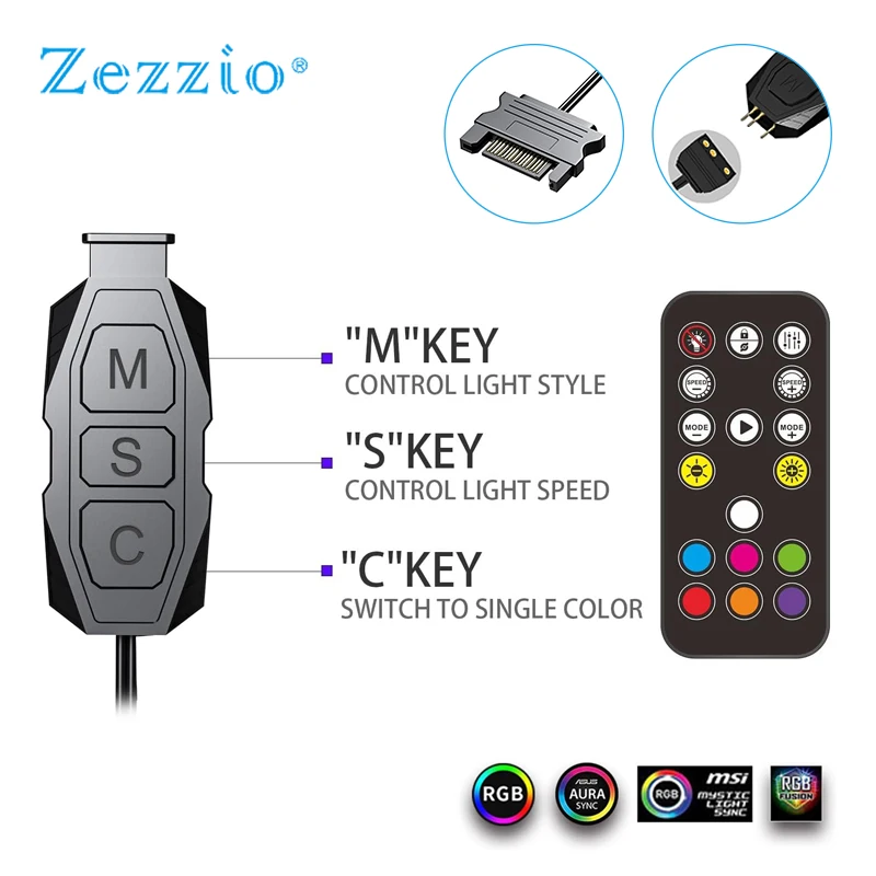 

Zezzio Mini ARGB Fan Controller 5V 3pin To SATA Power Supply PC Case Fan MINI Light Controller 17-key Remote Control