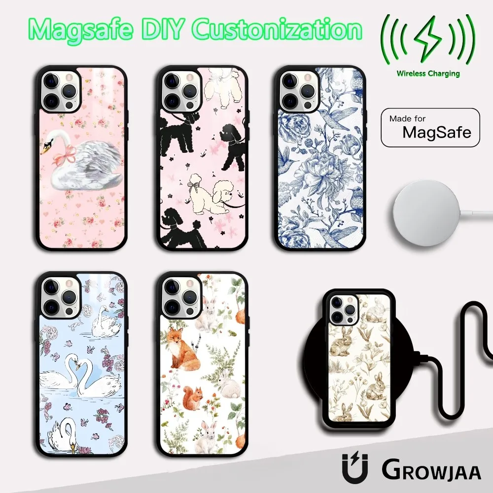 

Wildflower Swan Rabbit Dog Phone Case For IPhone 16 15 14 13 12 11 Pro Max Plus Mini Magsafe Mirror Wireless Magnetic Cover