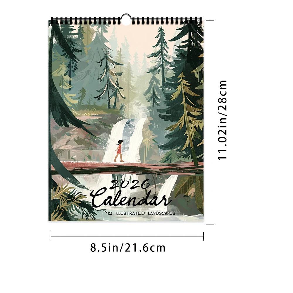 1pc, 2026 Hand-Painted Illustration Series Calendar, Natural Landscapes, 12 Unique Designs, Wall Calendar, Birthday, Christmas