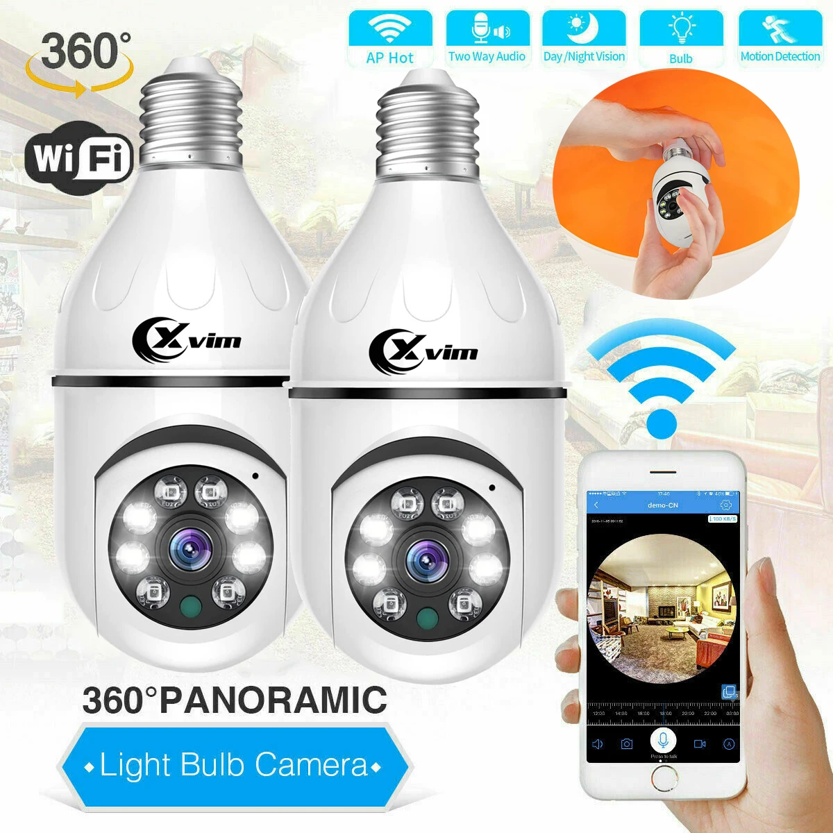 XVIM Wireless Bulb Camera Wifi E27 Bulb Camera 2 Packs 2K HD 360 Degree PTZ Audio Security Camera E27 Light Socket Screw In