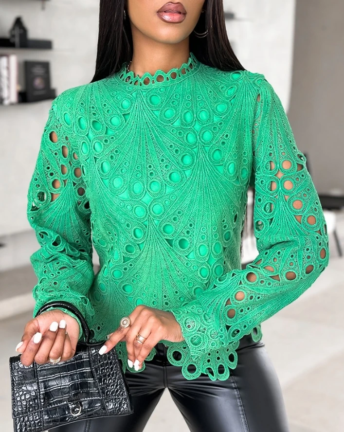 

Hot Selling Blouses for Women 2024 Early Spring Fashion Solid Color Stand Collar Lace Asymmetrical Hem Top Plain Casual Blouses