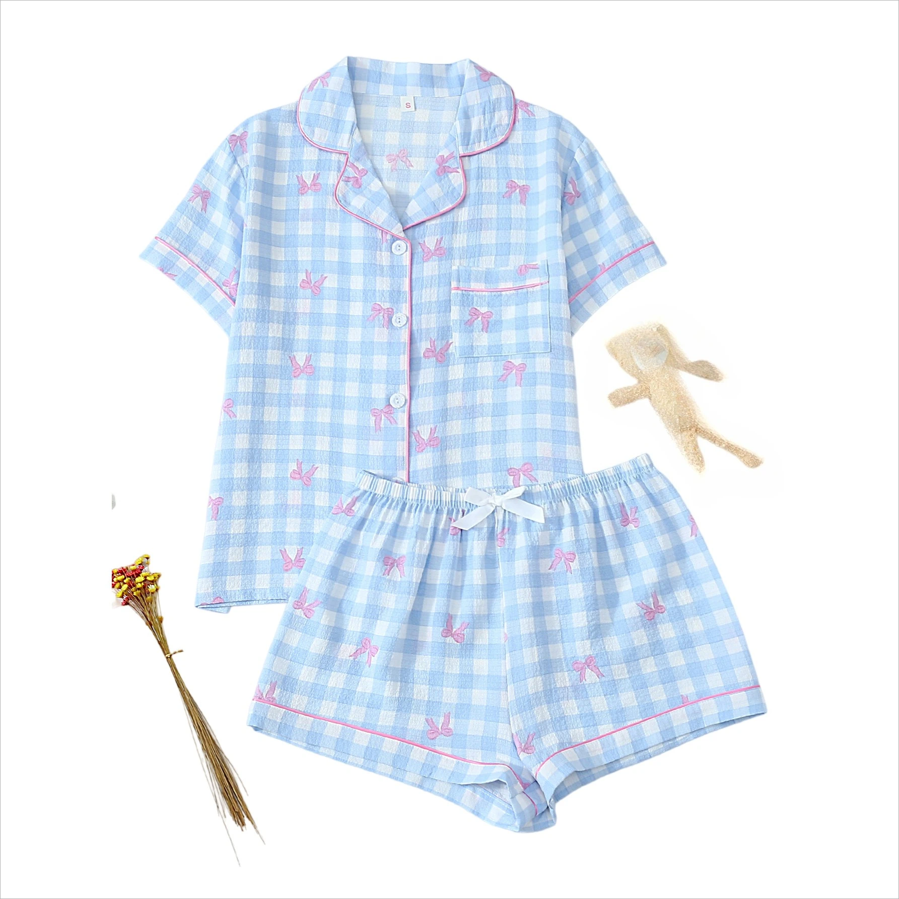 

Женский пижамный комплект 2026: Новинка! Пижама-кардиган с эффектом жатки, шорты с коротким рукавом, домашняя одежда оптом