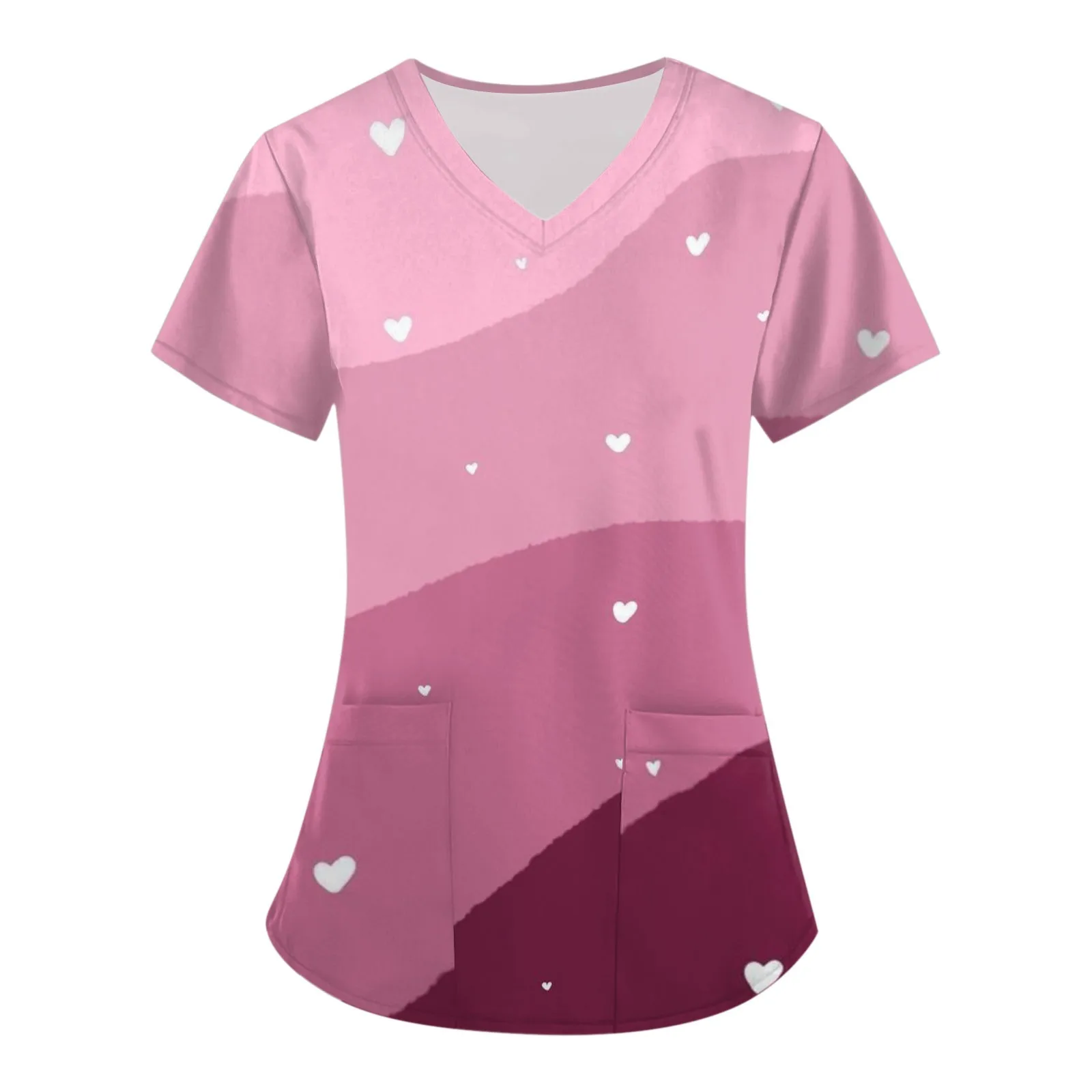 Camiseta feminina com estampa 3D impressa, uniforme de enfermeira, uniforme de trabalho, blusa com decote v, bolso, roupas românticas, elementos