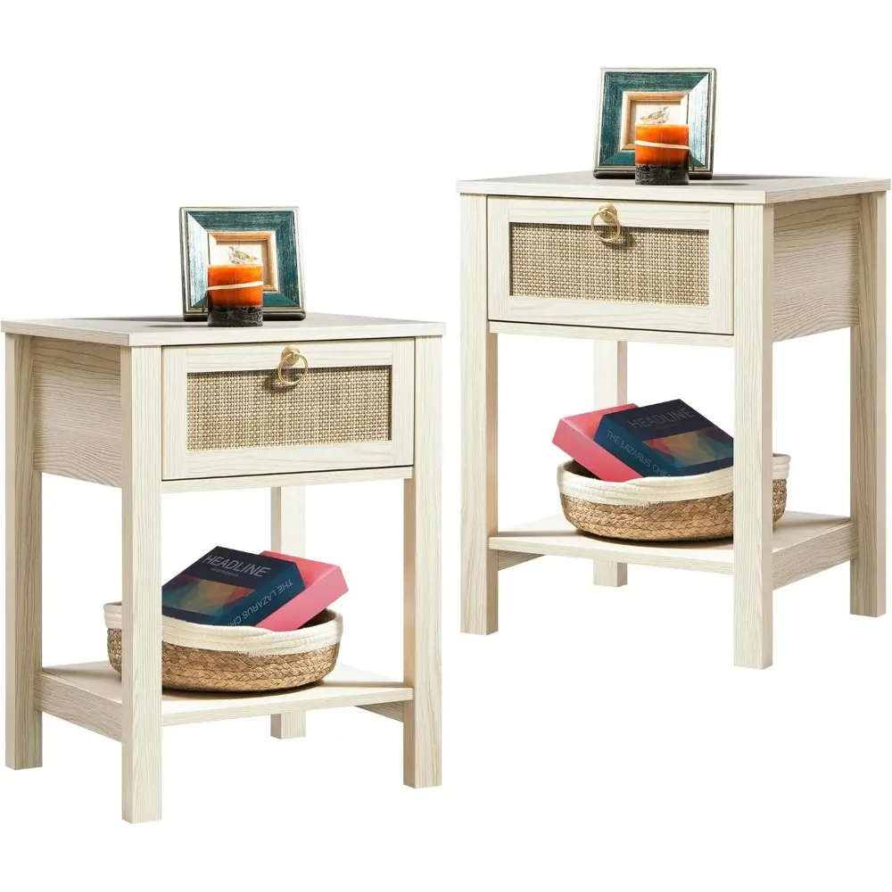 White Nightstand Set of 2,Rattan Decor Drawer with Brass Knobs Night Stand Wood Bedside Table Boho End Tables Side Tables with