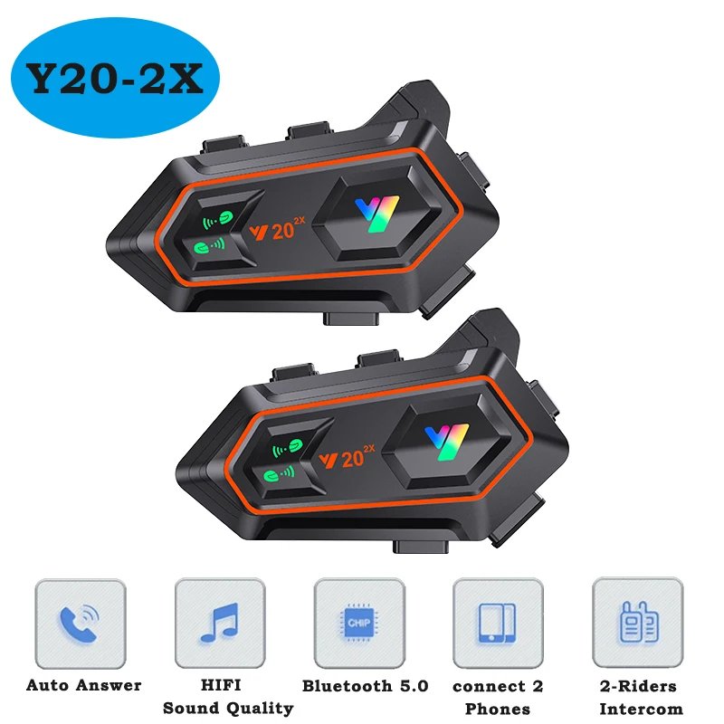 Y20-2X Motorcycle Helmet Bluetooth Headset 2-Riders Intercom 1000M BT 5.0 Voice Assistant Music Player RGB Light IPX6 Waterproof