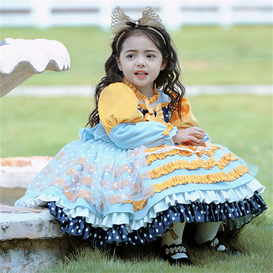 Winter Long Sleeves Lolita Princess Dress Girl Bow Fancy Deluxe Velvet Frock Children Festival Birthday Carnival Party Ball Gown