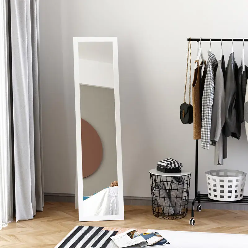 Miroir pleine longueur polyvalent en MDF blanc encadré, dimensions 37x37x154cm, supporte l'installation sur pied et murale, surface de cadre lisse et délicate, verre réfléchissant clair, parfait pour l'entrée, la salle d'essayage pour vérifier les tenues et embellir l'environnement de la maison.