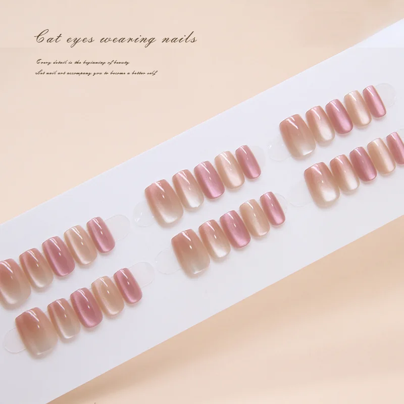 24pcs Gradient Cat Eye Short Ballet Press on Acrylic Nails Nail Tips Short Fake Nails with Design Reusable Woman False Nails Set