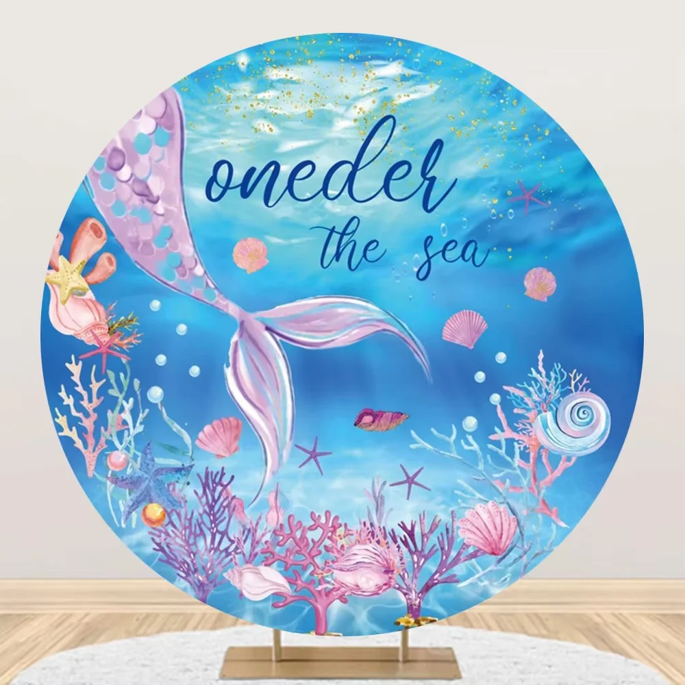 Happy Birthday Mermaid Under The Sea Round Photo Backdrop Scale Pearl Kids Party Girl Portrait Home Decor Photography Background