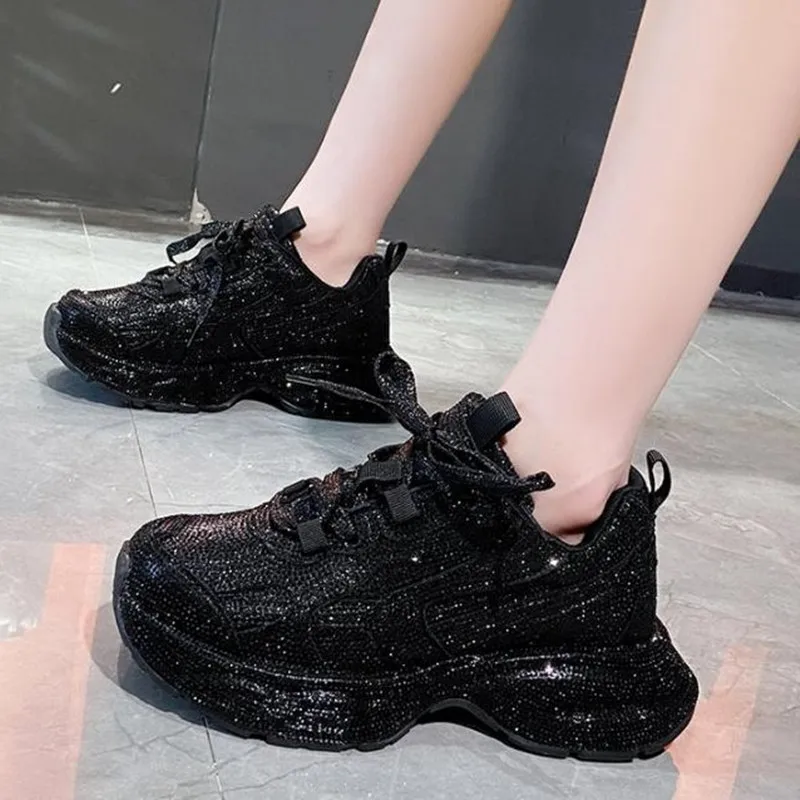 Luxury Women Bling Running Shoes Chunky Sneakers Fashion Casual Genuine Leather Breathable Height Increased Flat Platform Shoe