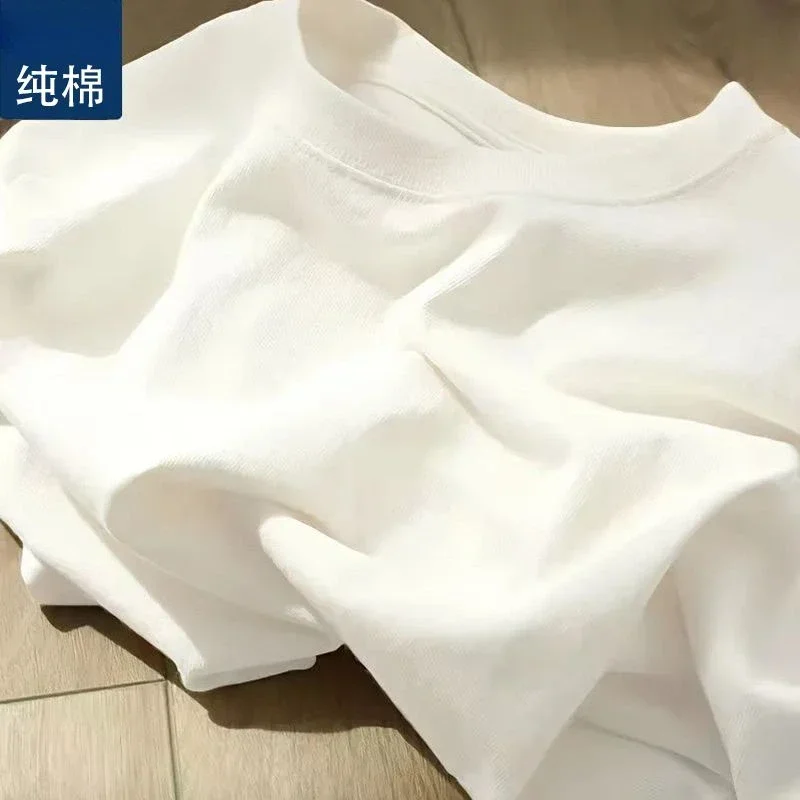 Men Women 100% Cotton  T-shirt Solid Color Trend Leisure Short Sleeve Black White Gray High Quality Heavy Fabric Loose T Shirt image 2