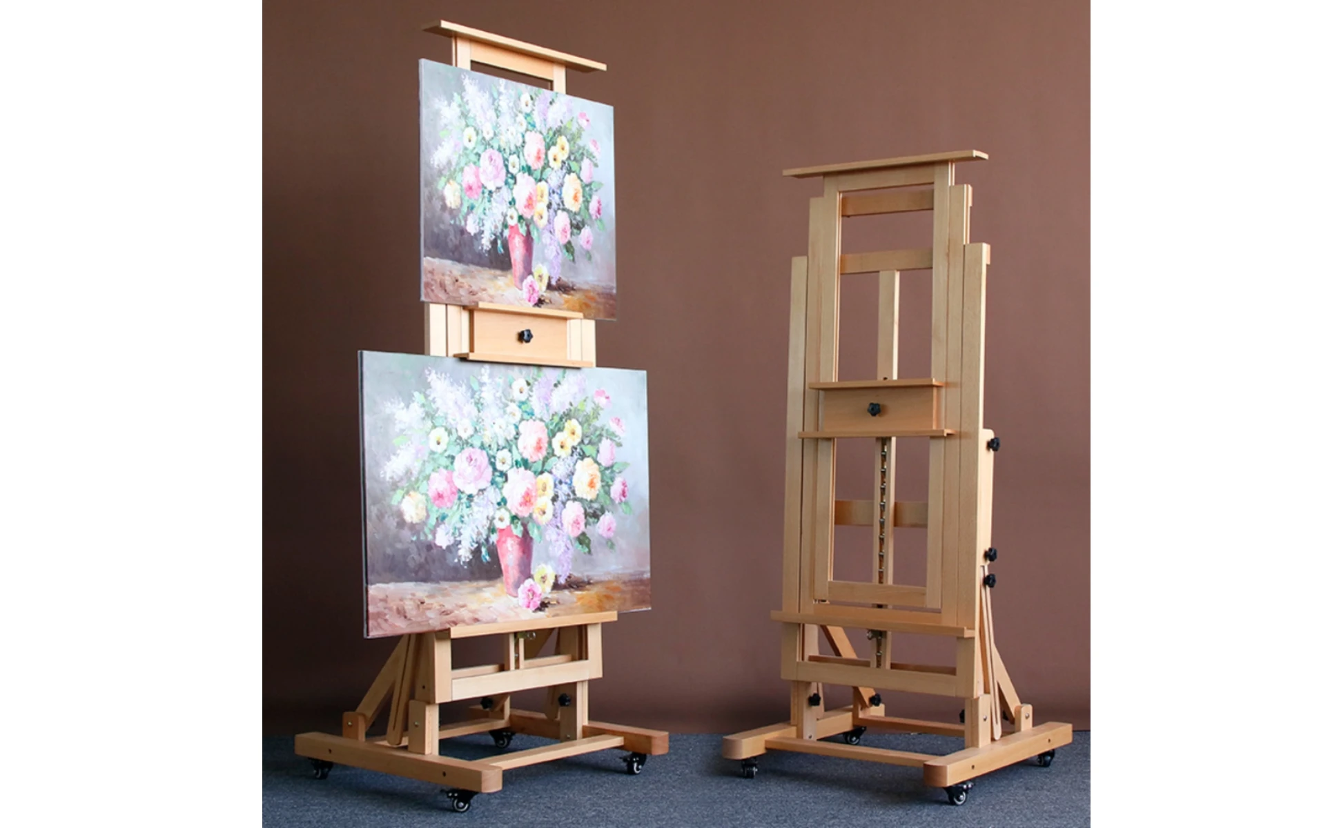 Rolling Studio Easel Horizontal and Vertical Adjustable Large Easel Art Supplies Solid Wood Wheeled for Artists, Gallery Display