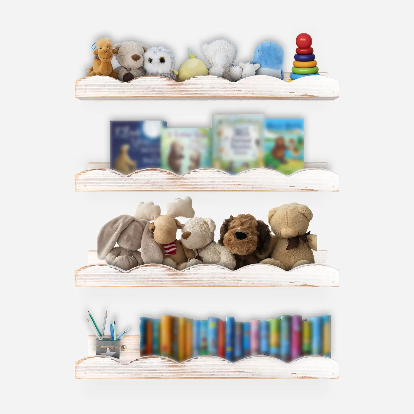 4x Bookshelf Farmhouse Organizer Rustic Wood Shelves Floating Wall Shelves for Kids Room Bathroom Living Room Plants Toilet