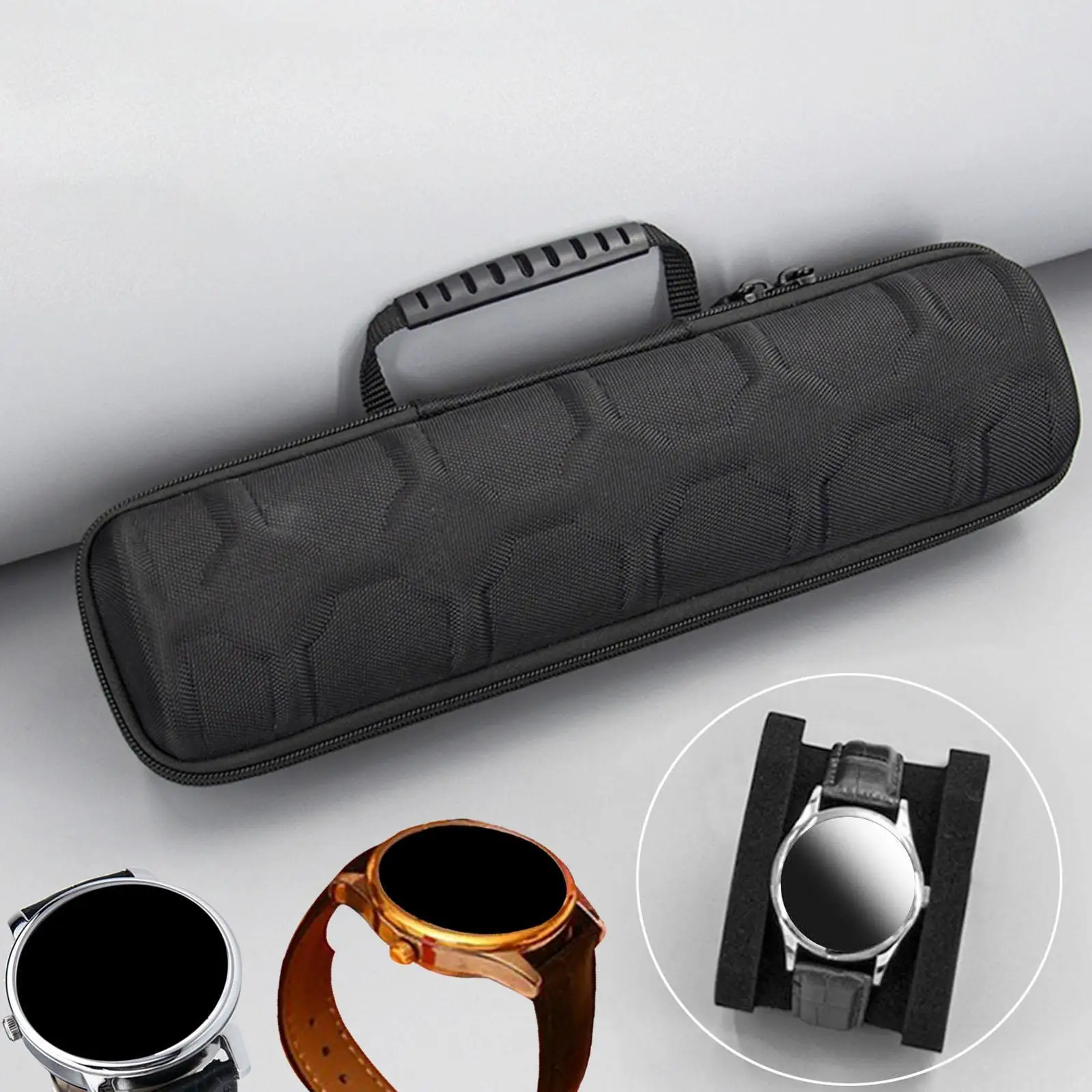 Zipper Hard Shell Watch Container Roll Case Black Foam Cushion Display Box for Travel and Everyday Storage