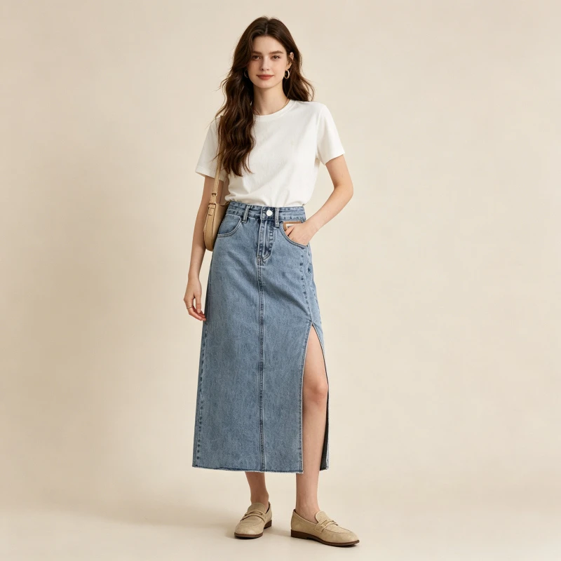

Women Denim Skirt High Waist Split Long Skirts Washed Vintage Button Fly Distressed Female Spring Summer Streetwear A Line 2026